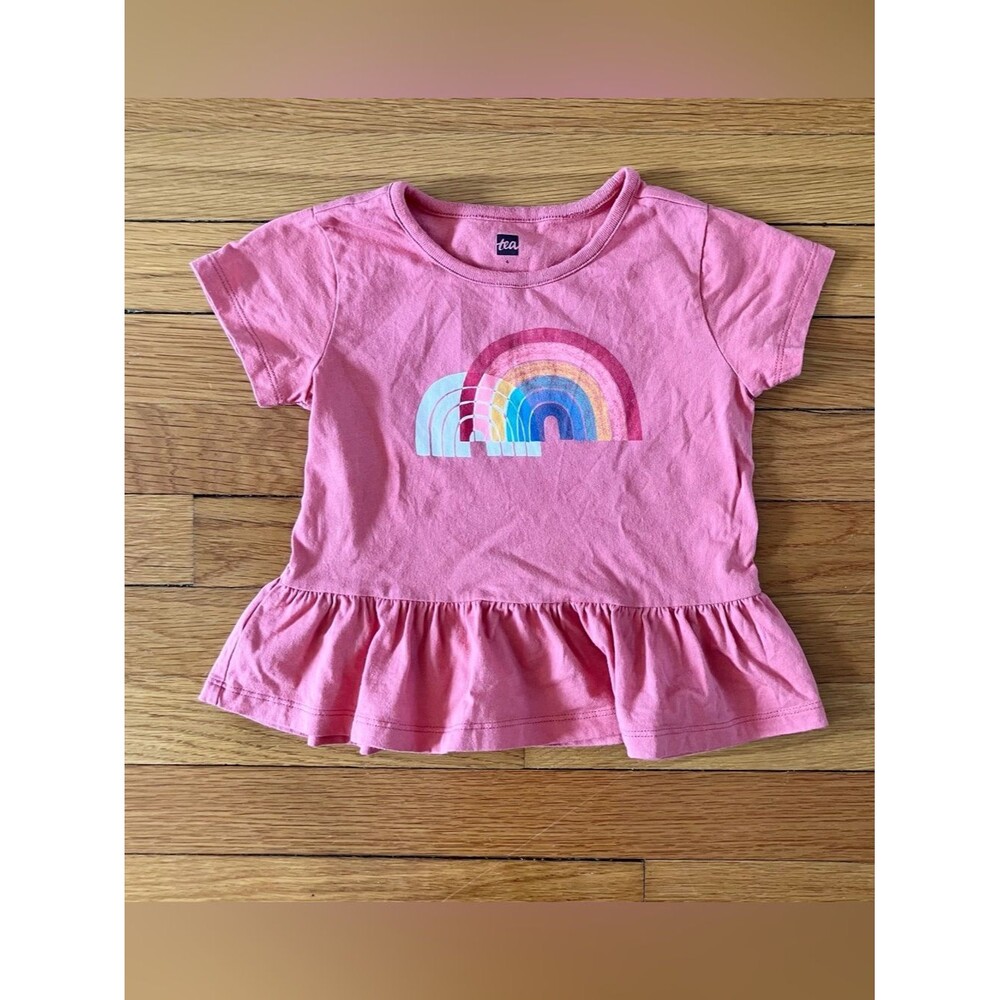 Tea Collection Coral Pink Rainbow Colorful Cotton Ruffle Tee Size 4